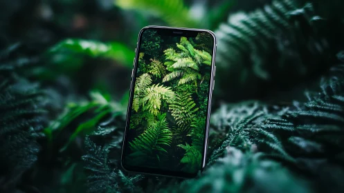 Lush green ferns softly reflect on a smartphone in the wild