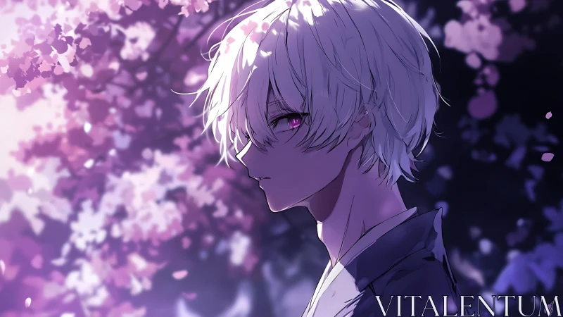 Melancholic silver-haired youth under luminous sakura glow.