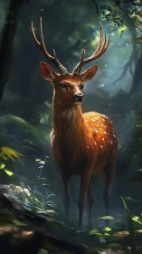 Stag stands alert in luminous forest clearing at dawn