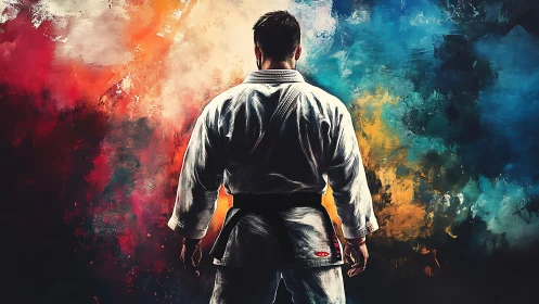Martial artist in gi before abstract color background.