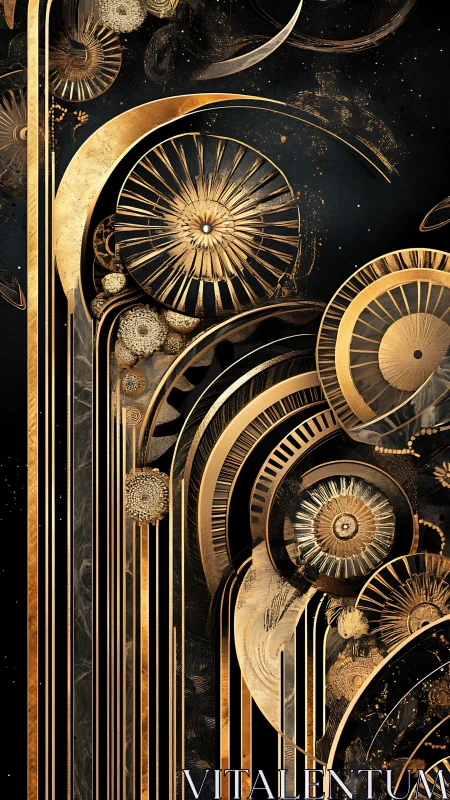 Ornate gilded clockwork arcs over cosmic black field.