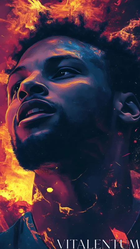 Portrait of a radiant dreamer rising through molten flames.