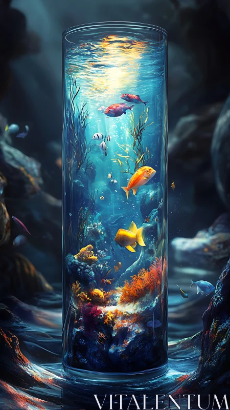 Cylindrical glass aquarium within deep underwater seascape.