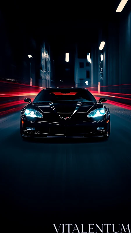 Midnight black sports car framed by neon motion trails.