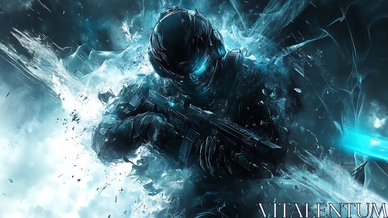 Futuristic armored soldier with rifle in icy energy field.