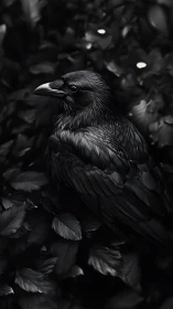 Midnight raven resting in velvet leaves of whispered shade.