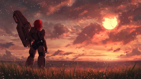 Armored sentinel watching blazing sunset battlefield sky.