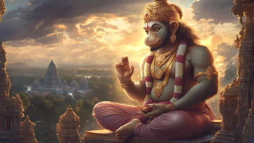 Hanuman deity figure seated above temple landscape at dusk.