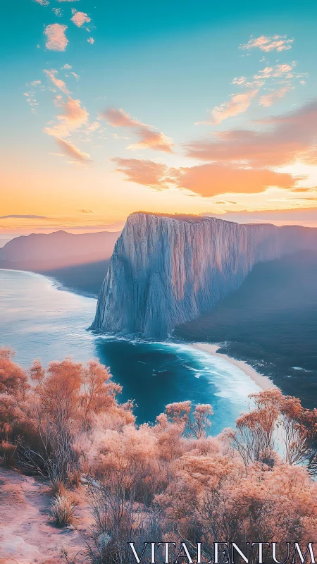 Sunlit coastal cliff rising over soft pastel shoreline.
