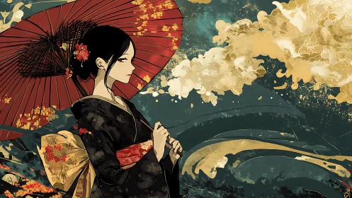 Crimson parasol guards a silent geisha amid gilded storm.