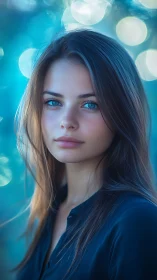 Portrait with vivid blue eyes and teal bokeh glow background.