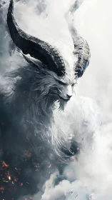 Horned white beast emerges from swirling smoke and ash