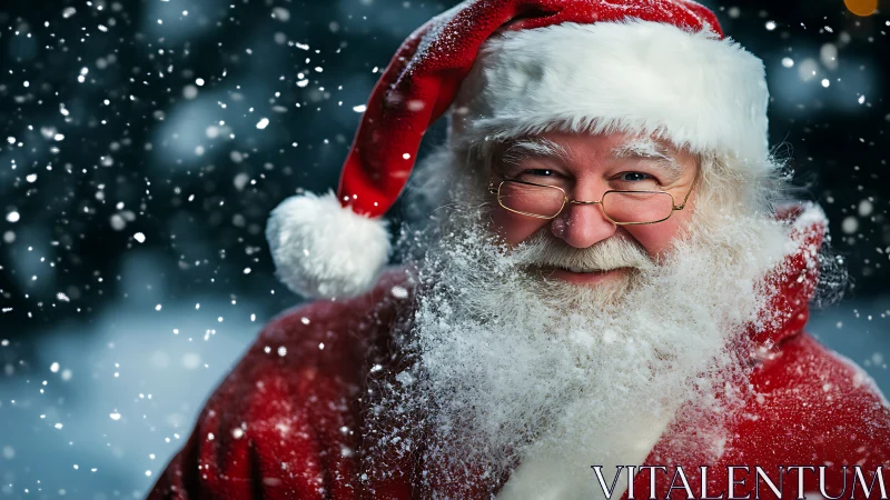 Close-up photorealistic Santa portrait in snowy winter bokeh