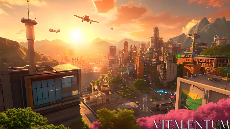 Golden sunset glows over a colorful futuristic harbor cityscape