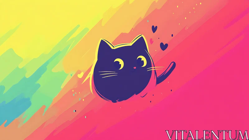 Whimsical Black Cat with Luminous Eyes on Vibrant Gradient Background
