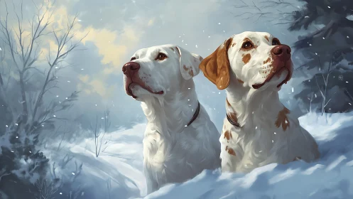 Winter portrait of two spotted hunting dogs in snowfall