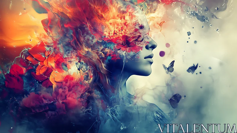 Surreal female portrait merging with vibrant abstract blooms.