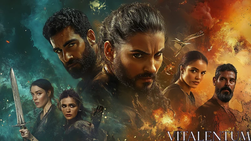 Storm-eyed warriors in a twin‑fire sky of destiny.