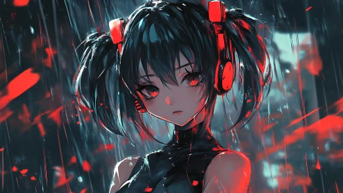 Girl with red headphones stands in stylized digital rain