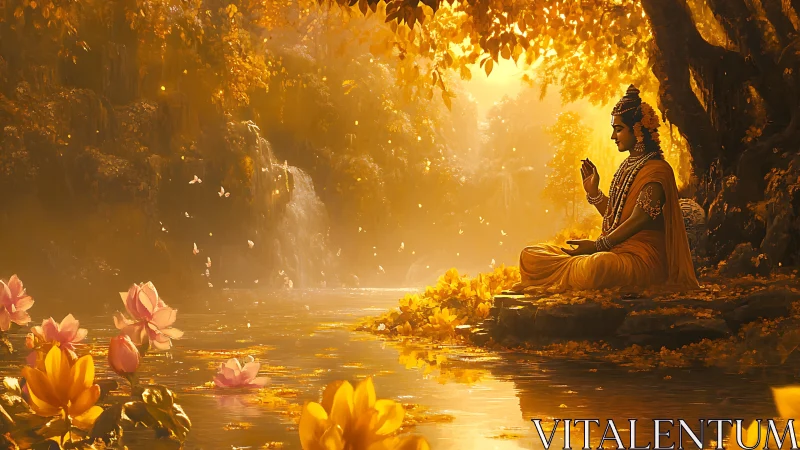 Golden forest sage meditating beside a lotus-lit river.