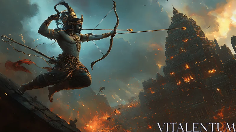 Mythic archer figure aiming arrow toward burning temple.