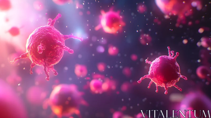 3D Render of Virus Particles in Vivid Pink and Purple Lighting.