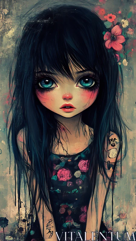Brooding big-eyed girl in floral dress with inky backdrop.
