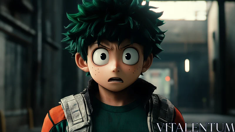 Green-haired anime boy in shocked urban close-up portrait.