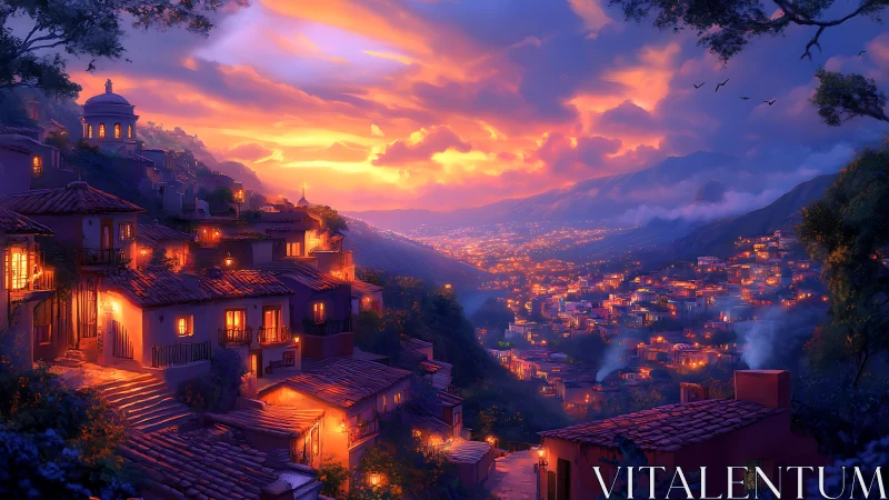 Hillside town glows under vivid sunset sky over distant valley.