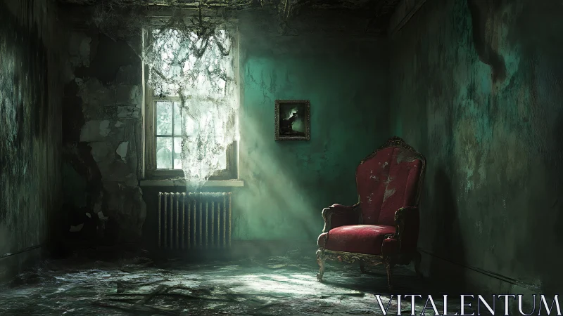 Abandoned velvet throne basking in haunted windowlight glow.