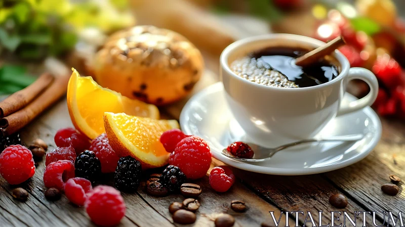 High-contrast breakfast still life with coffee, citrus, berries