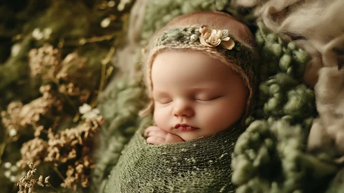 Peaceful Newborn Portrait Swaddled in Green.