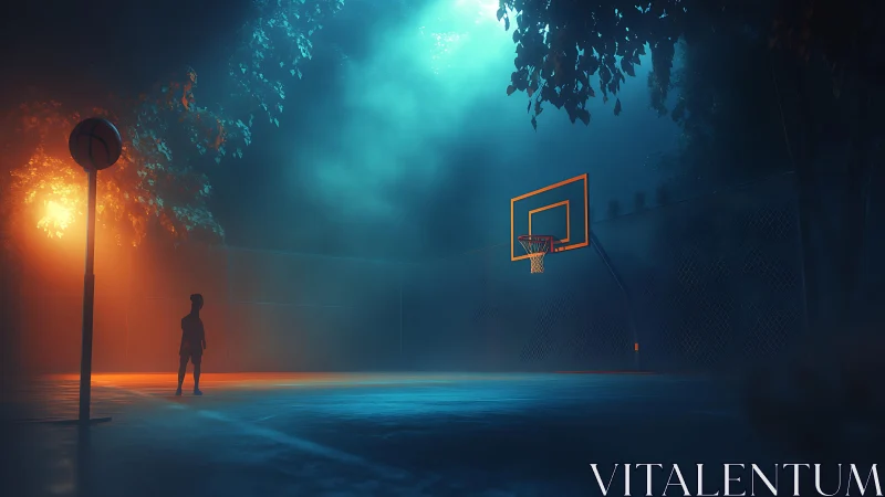 Night basketball court scene is illuminated by colored lights