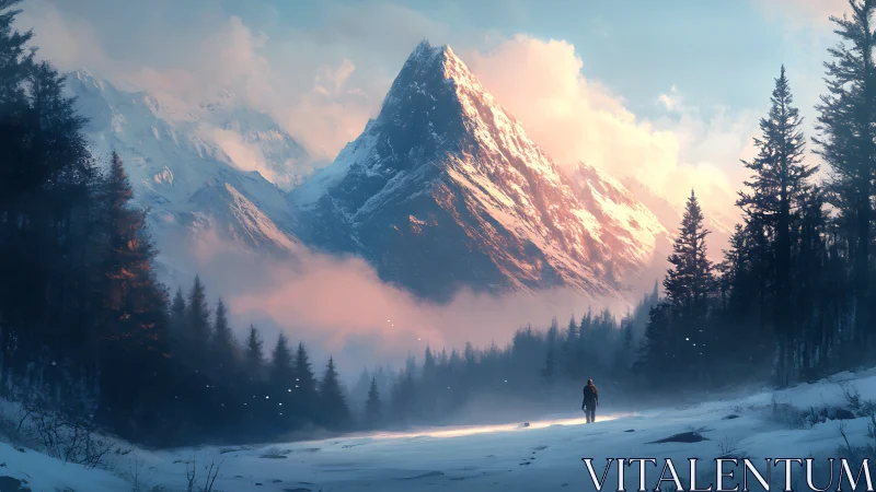 Solitary trekker in winter valley below alpenglow peak