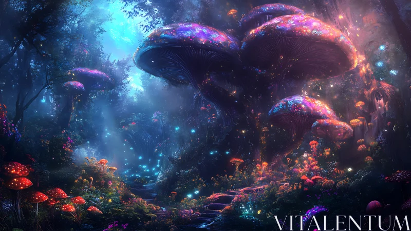 Bioluminescent mushrooms compose a glowing forest skyway dream