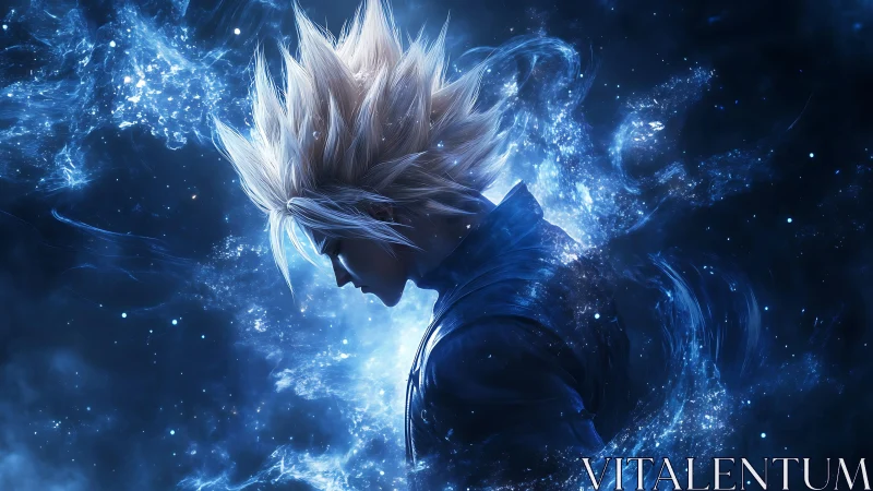 Spiky haired figure in blue energy cloud profile view.