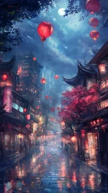 Lantern-lit neon alley under moonlit cyberpunk skyline.