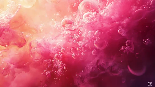 Iridescent pink fluid clouds with suspended glassy bubbles.