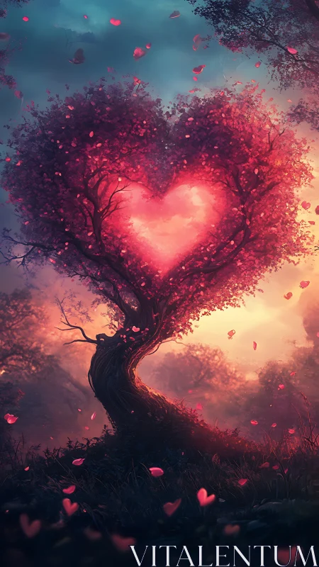 Heart-Shaped Tree Glowing with Luminous Red Light.