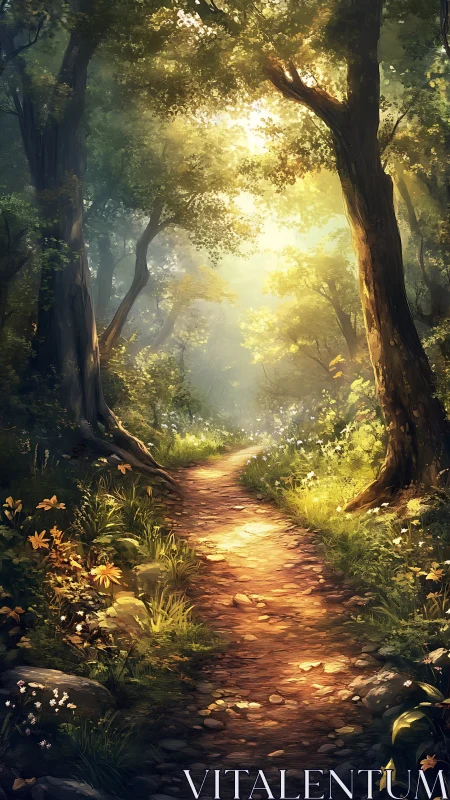 Forest Path with Golden Sunlight Breaking Through Dense Canopy