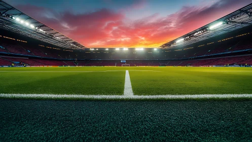 Sunset stadium pitch glows under bright match floodlights