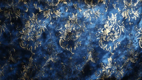 Baroque gold damask pattern over distressed indigo ground