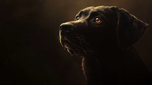 Soft side-light on black labrador in warm chiaroscuro portrait.