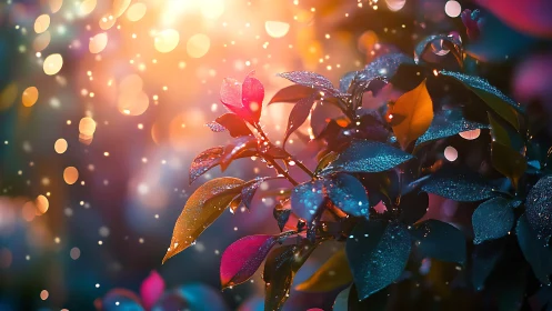 Botanical subject displaying water droplets under diffused luminescence with bokeh effects