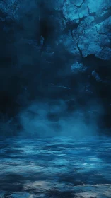 Glacial cavern floor with misty atmospheric blue volumetrics