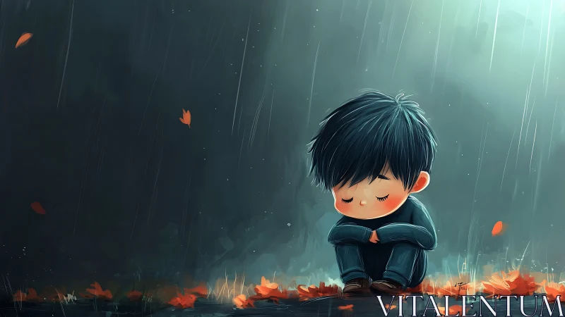 Quiet little dreamer curls up in gentle autumn rain