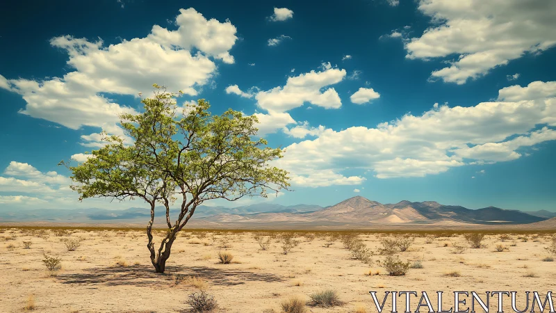 Solitary desert tree under expansive cobalt sky panorama.