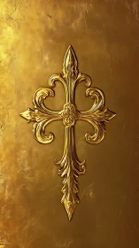 Ornate golden cross relief on polished metallic surface.