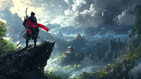 Lone armored warrior overlooking misty mountain temples.