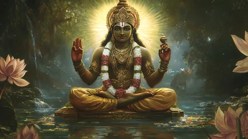 Golden river meditation with serene divine presence.